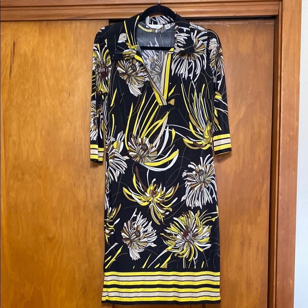 Black Yellow Floral & Stripes Sheath Dress Collared 3/4 Sleeves Pullover Stretch